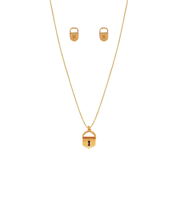 Set de Collar Cerrata que incluye 1 collar con dije de candado y 1 par de topos candado