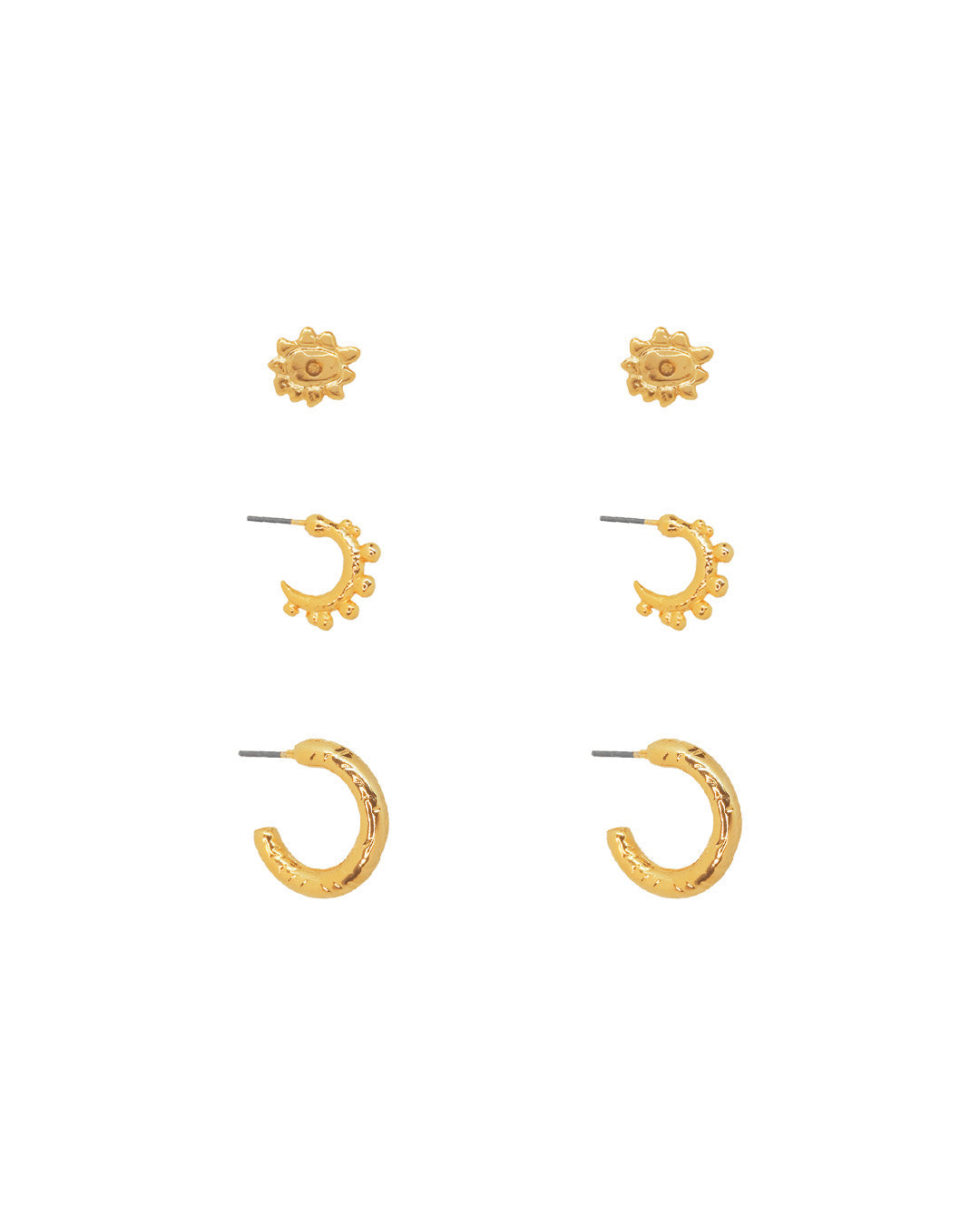 Set de 3 Aretes Cairo que incluye topos mini sol, candongas balines y talladas