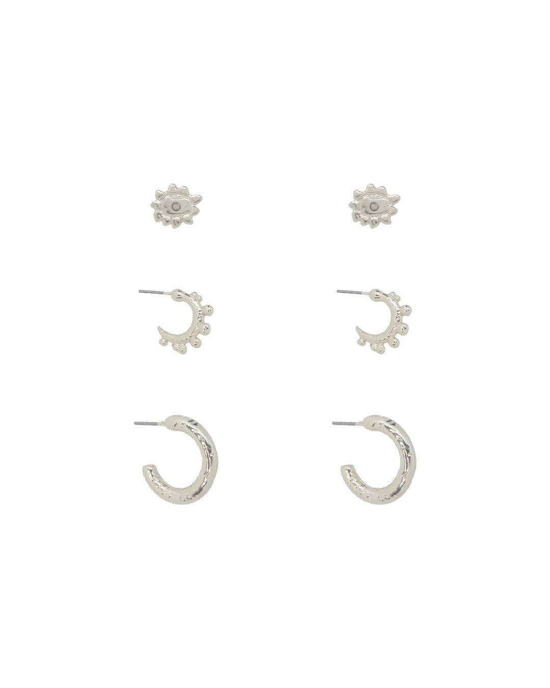 Set de 3 Aretes Cairo en plata que incluye topos mini sol, candongas balines y talladas